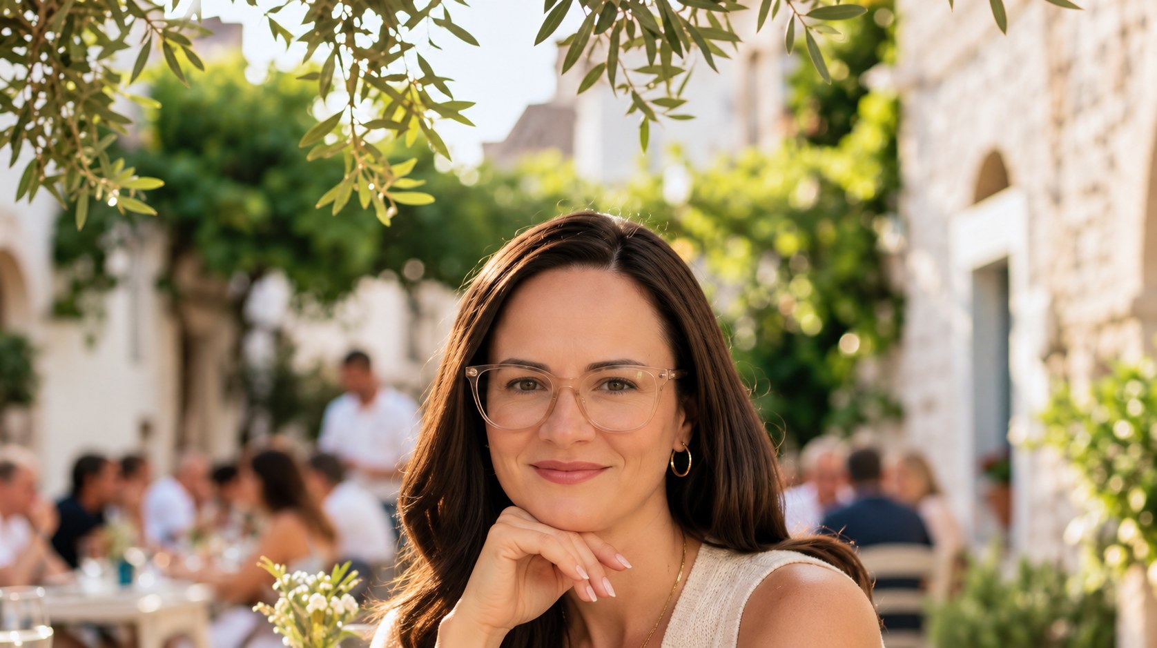 Cecília Müller sentada em um café ao ar livre, com a mão apoiada no queixo