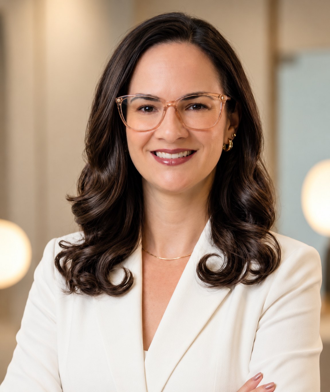 Cecília Müller, nutricionista, de blazer claro, sorrindo em seu consultório